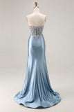 Grey Blue Mermaid Sweetheart Beaded Corset Prom Dress With Slit