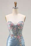 Grey Blue Sweetheart Corset Appliqued Prom Dress With Slit
