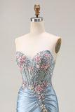 Grey Blue Sweetheart Corset Appliqued Prom Dress With Slit