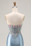 Grey Blue Sweetheart Corset Appliqued Prom Dress With Slit