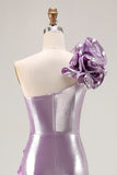Metallic Light Purple One Shoulder Mermaid Prom Dress With Ruffle Slit