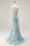 Sparkly Lake Blue Mermaid Corset Prom Dress With Slit