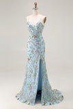 Mermaid Sequins Lake Blue Corset Prom Dress With Slit