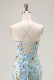 Mermaid Sequins Lake Blue Corset Prom Dress With Slit