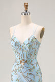 Mermaid Sequins Lake Blue Corset Prom Dress With Slit