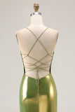 Metallic Gold Tiered Mermaid Lace Up Back Prom Dress With Slit