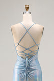 Light Blue Metallic Beaded Mermaid Prom Dress With Slit