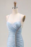 Light Blue Beaded Mermaid Ruched Satin Prom Dress With Slit