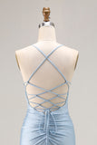 Light Blue Beaded Mermaid Ruched Satin Prom Dress With Slit