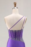 One Shoulder Corset Dark Purple Beaded Prom Dress With Slit