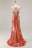 Metallic Orange Mermaid Ruched Prom Dress With Slit