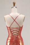 Metallic Orange Mermaid Ruched Prom Dress With Slit