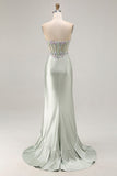 Dusty Sage Corset Appliqued Strapless Mermaid Prom Dress With Ruffle Slit