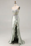 Dusty Sage Sweetheart Appliqued Corset Prom Dress With Ruffle Slit