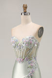 Dusty Sage Sweetheart Appliqued Corset Prom Dress With Ruffle Slit