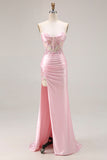 Pink Strapless Mermaid Appliqued Corset Prom Dress With Slit