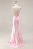 Pink Strapless Mermaid Appliqued Corset Prom Dress With Slit