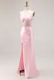Sweetheart Corset Pink Appliqued Maxi Prom Dress With Slit