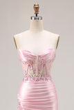 Sweetheart Corset Pink Appliqued Maxi Prom Dress With Slit