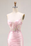 Sweetheart Corset Pink Appliqued Maxi Prom Dress With Slit