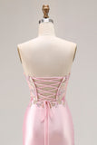 Sweetheart Corset Pink Appliqued Maxi Prom Dress With Slit