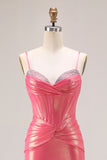 Watermelon Metallic Mermaid Corset Prom Dress With Beading