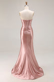 Dusty Rose Corset Satin Beaded Strapless Prom Dress With Slit