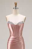 Dusty Rose Beaded Corset Sweetheart Maxi Prom Dress With Slit