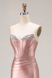Dusty Rose Beaded Corset Sweetheart Maxi Prom Dress With Slit