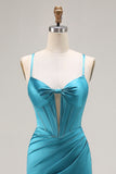 Peacock Blue Mermaid Corset Spaghetti Straps Maxi Prom Dress With Slit