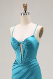 Peacock Blue Mermaid Corset Spaghetti Straps Maxi Prom Dress With Slit