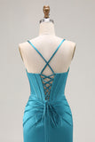 Peacock Blue Mermaid Corset Spaghetti Straps Maxi Prom Dress With Slit