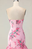 Strapless Pink Flower Ruffled Mermaid Prom Dress With Bow