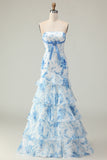 Strapless Pink Flower Ruffled Mermaid Prom Dress With Bow