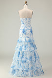 Strapless Pink Flower Ruffled Mermaid Prom Dress With Bow