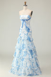 Strapless Pink Flower Ruffled Mermaid Prom Dress With Bow