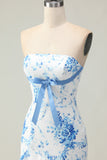 Strapless Pink Flower Ruffled Mermaid Prom Dress With Bow