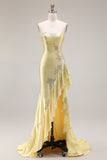 Sparkly Yellow Strapless Mermaid Beaded Prom Dress