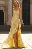 Sparkly Yellow Strapless Mermaid Prom Dress with Ruffles