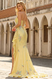 Sparkly Yellow Strapless Mermaid Beaded Prom Dress