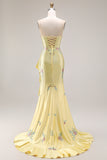 Sparkly Yellow Strapless Mermaid Beaded Prom Dress