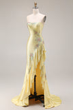 Sparkly Yellow Strapless Mermaid Beaded Prom Dress