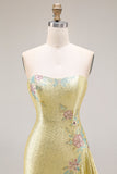 Sparkly Yellow Strapless Mermaid Beaded Prom Dress
