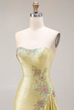 Sparkly Yellow Strapless Mermaid Beaded Prom Dress