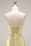 Sparkly Yellow Strapless Mermaid Beaded Prom Dress