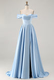 Off The Shoulder A-Line Satin Blue Bridesmaid Dress with Slit