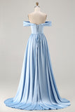 Off The Shoulder A-Line Satin Blue Bridesmaid Dress with Slit