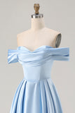 Off The Shoulder A-Line Satin Blue Bridesmaid Dress with Slit