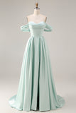 Off The Shoulder A-Line Satin Blue Bridesmaid Dress with Slit