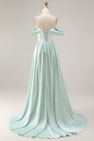 Off The Shoulder A-Line Satin Blue Bridesmaid Dress with Slit